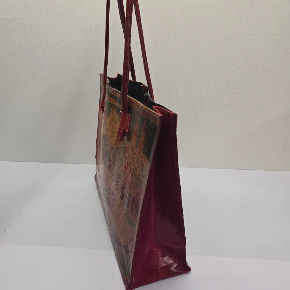 A Place In The Sun Genuine‎ Leather Embossed Tote Bag Red Brown Made in India